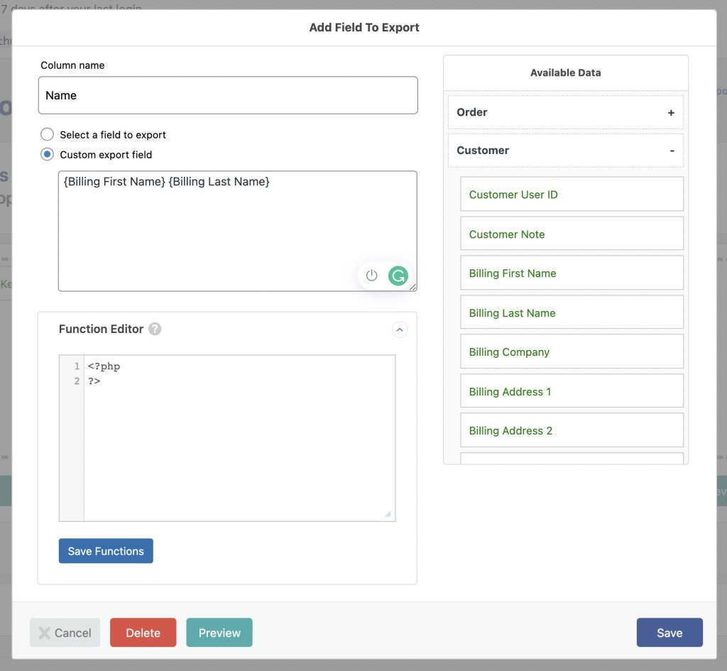 Custom export field