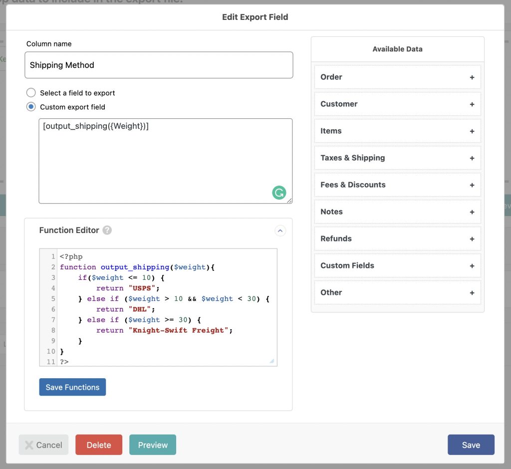 Edit Export Fields