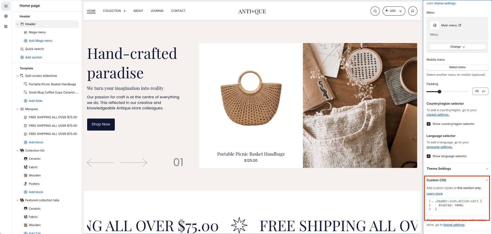 Add/remove Cart Items Design How do I remove the shopping cart? - Advanced settings - Antique Theme