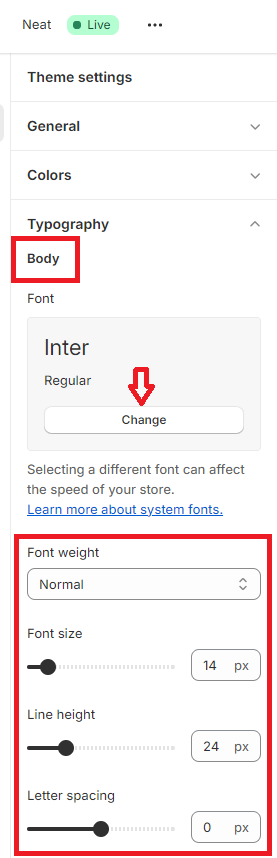 how to change body font in Shopify