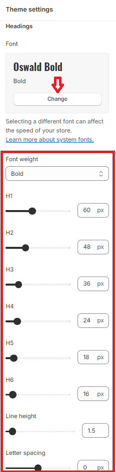 how to change heading font in Shopify