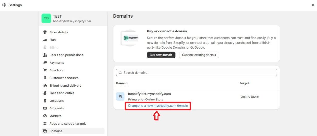 how to change domain name in Shopify