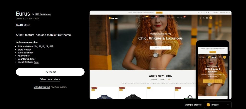 Eurus - best shopify theme for dropshipping