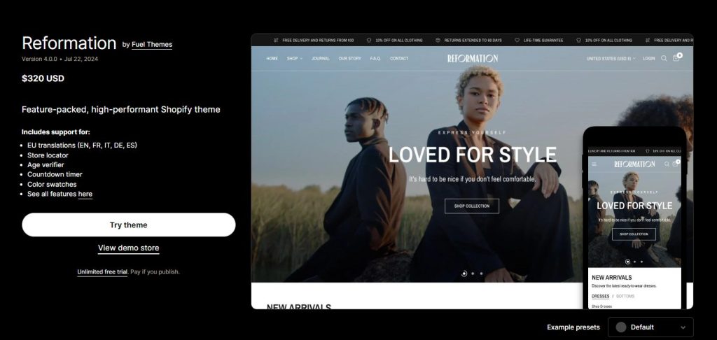 Reformation streetwear Shopify theme