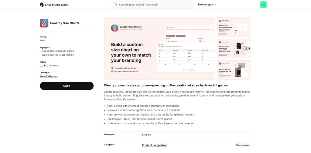 Boostify Size Charts Shopify app