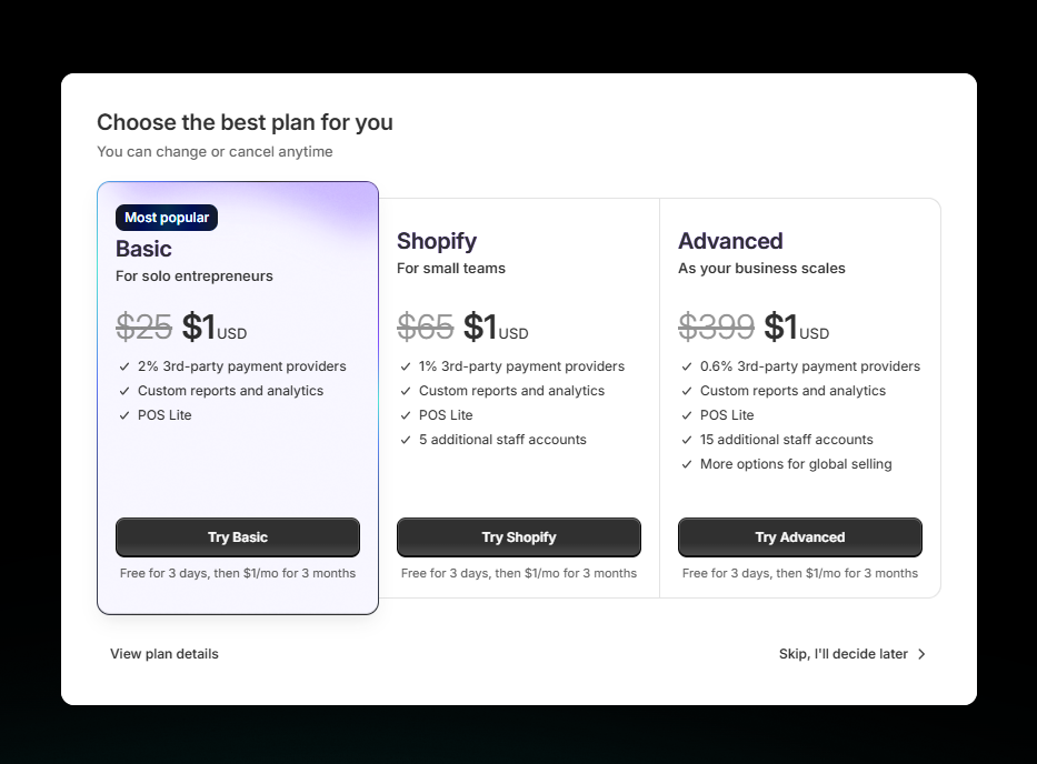 choose a Shopify plan