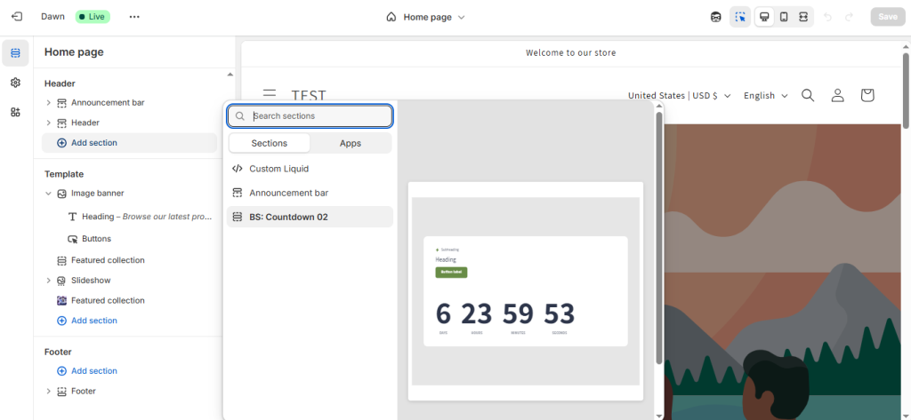 add Shopify countdown timer section