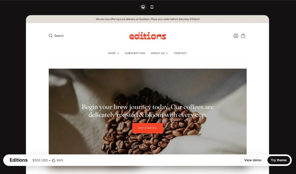 Editions Shopify theme for coffee shops