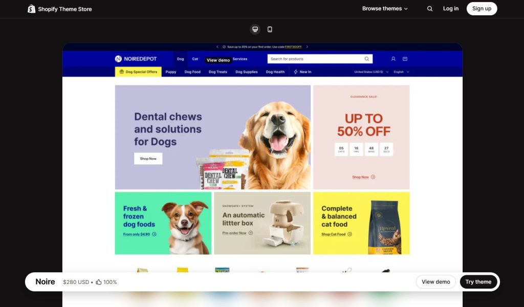 Noire Shopify pet store theme