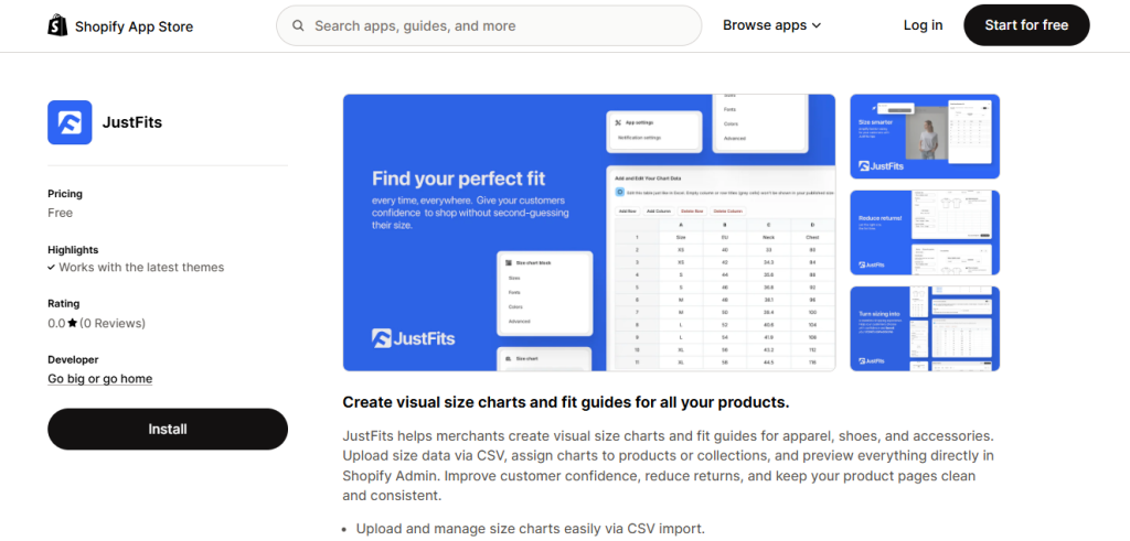 JustFits Shopify Size Guide App