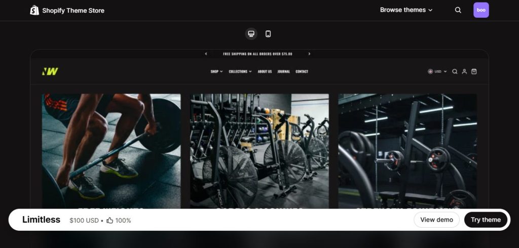 Limitless Neat - one of the best hom gym Shopify themes
